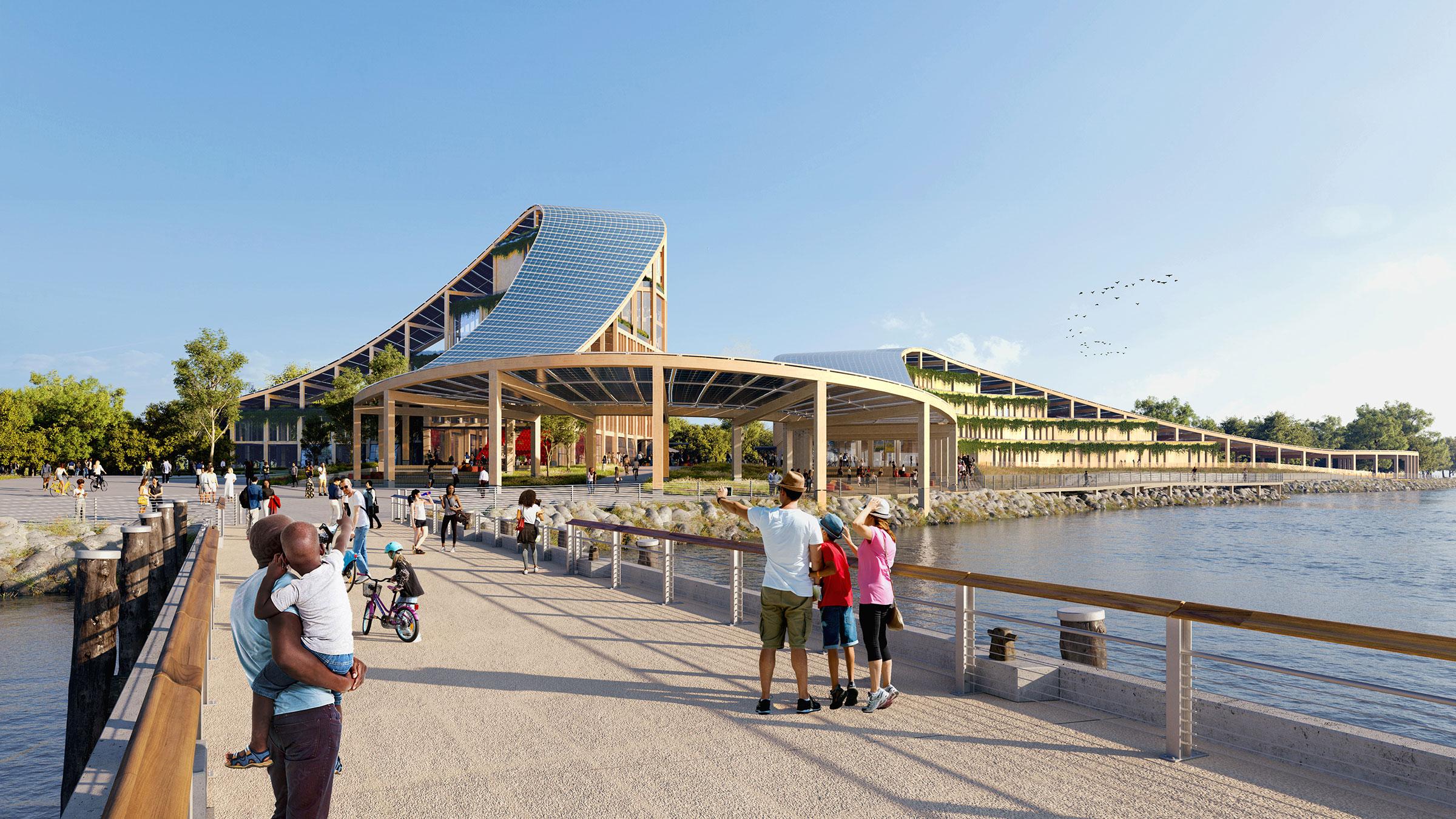 经过翻新的洋基码头通向一个新的公共广场和新的大型木材学术和研究大楼, 奥因斯 & 美林)
